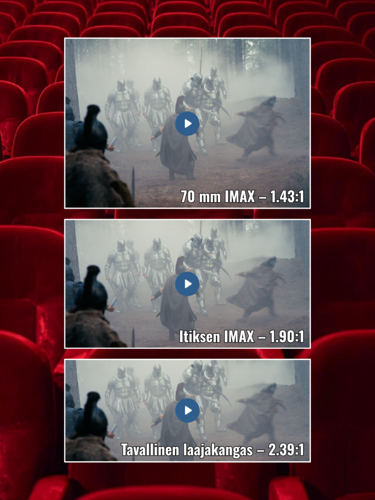 The Odyssey täyttää Suomen ainoan IMAX-teatterin – miksi saleja ei ole enempää? The Odysseyn kuva-alan vertailu 70 mm IMAXissa, Itiksen IMAXissa ja tavallisessa laajakuvateatterissa
