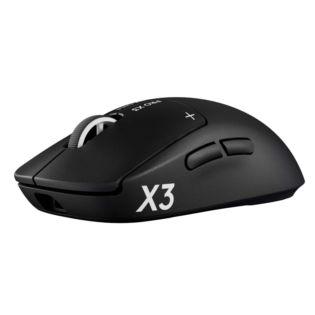 Testi: Logitechin PRO-välineet saavat markettinäppäimistön tuntumaan muoviroskalta – mutta siitä saa maksaa Musta Logitech G PRO X3 SUPERSTRIKE -pelihiiri viistosti sivulta kuvattuna.